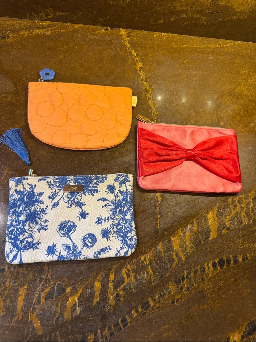 NWOT lot 3 IPSY makeup bags Orange, Blue/cream floral, pink/red
